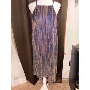 Metallic Pleated Midi Dress Blue Gold Halter Party Joaquin Blanco Cocktail